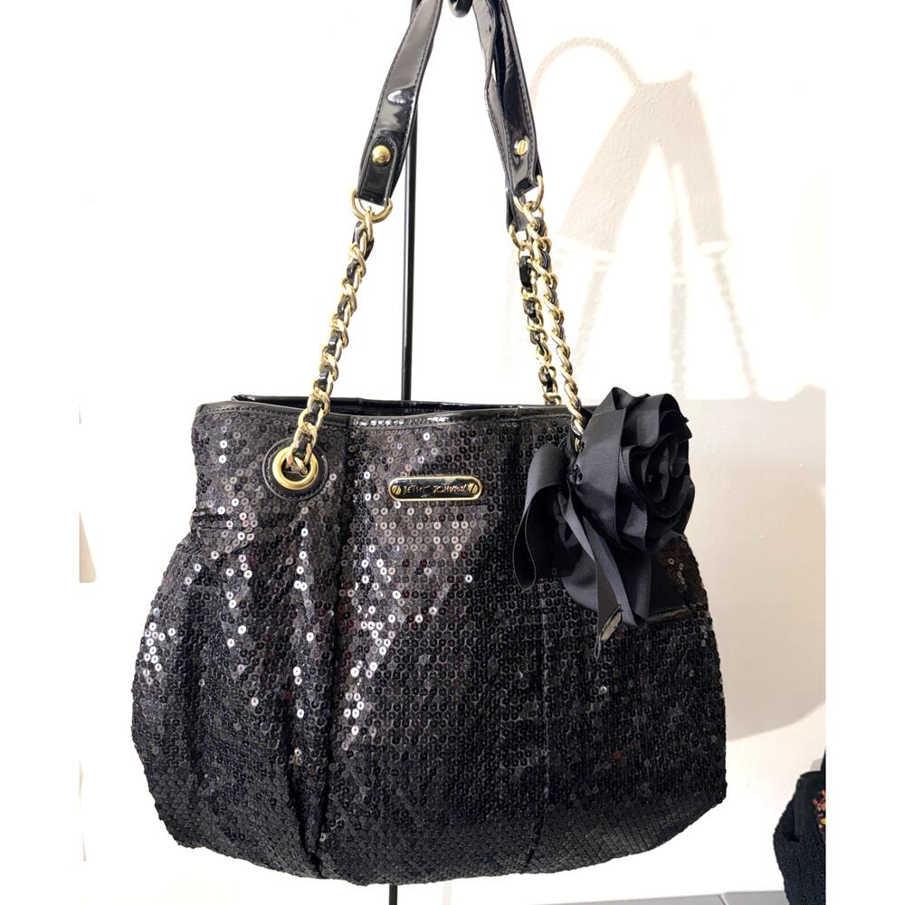 Betsey Johnson Black Sequin Crossbody Tote with Gold Chain Handles